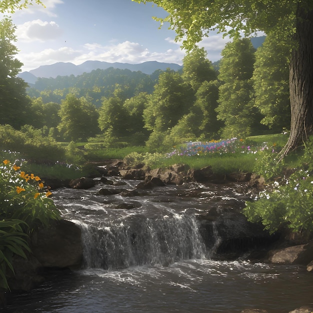 Una pintura de un arroyo con flores y árboles al fondo.