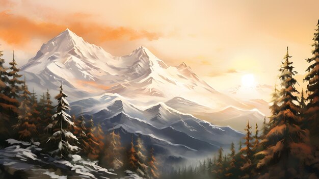 Una pintura de un arroyo de montaña con árboles