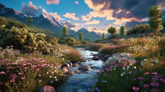 Una pintura de un arroyo de montaña con una montaña al fondo.