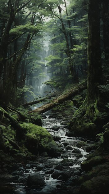 pintura de un arroyo que atraviesa un bosque con árboles de musgo generativo ai