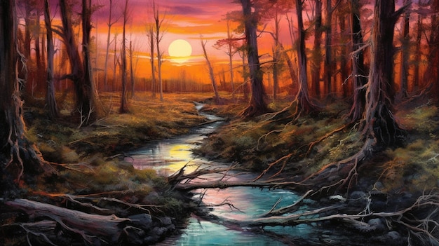 Pintura de un arroyo que atraviesa un bosque con un atardecer de fondo ai generativo