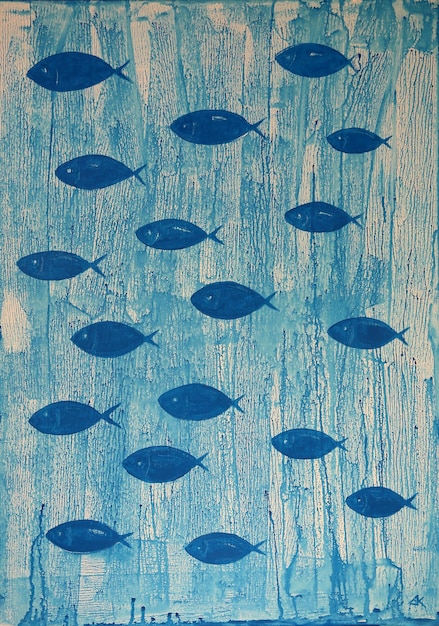 Pintura de arte abstracto de los peces azules.