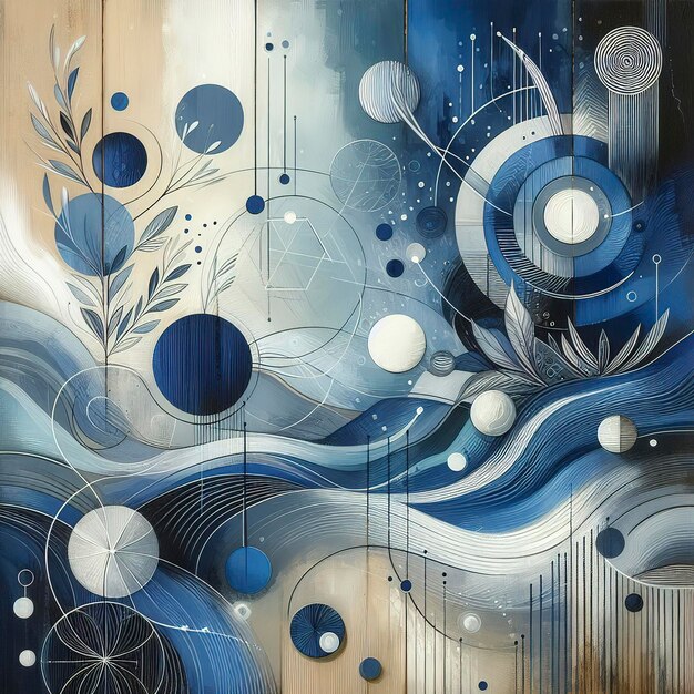 Pintura de arte abstracto pintada a mano en azul y blanco sobre madera.