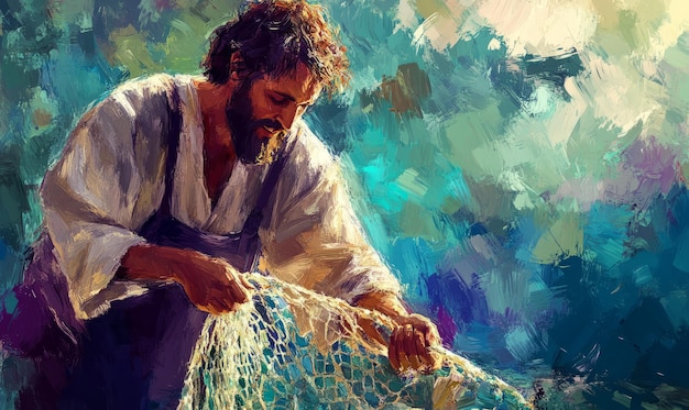 Pintura de arte colorida del apóstol Pedro limpiando su red de pesca Ilustración cristiana
