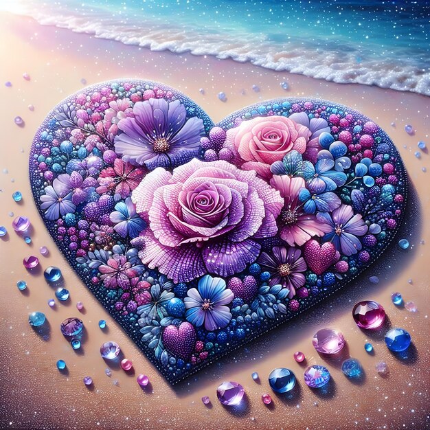 Foto pintura de arte de diamantes en corazón púrpura con flores en la playa