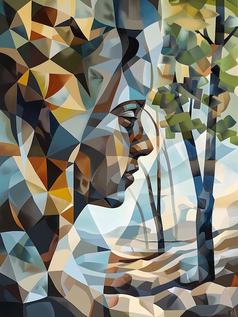 Pintura de arte que representa la cara de un hombre con árboles en el fondo