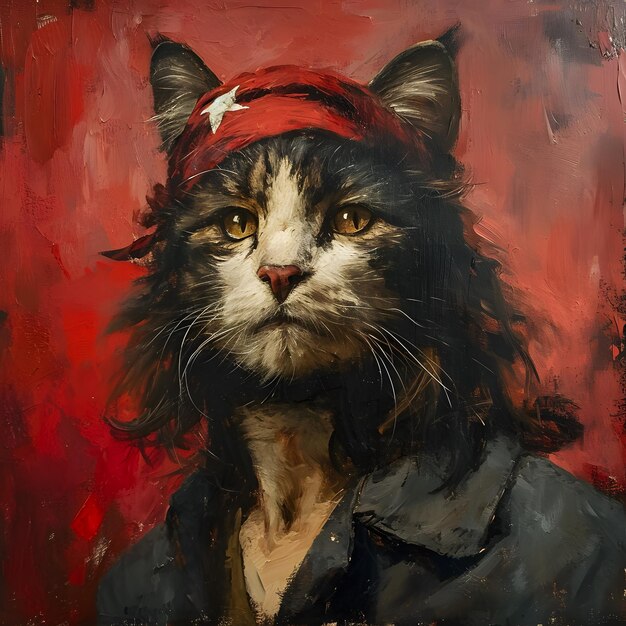 Foto pintura de arte retrato al óleo de un gato disfrazado parecido a guevara