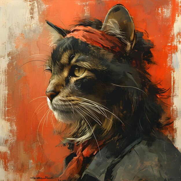 Foto pintura de arte retrato al óleo de un gato disfrazado parecido a guevara