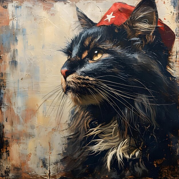 Pintura de arte retrato al óleo de un gato disfrazado parecido a Guevara