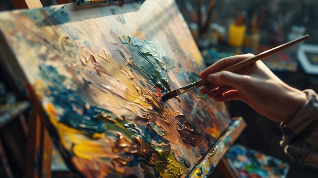 Pintura de un artista en lienzo con pinturas al óleo vibrantes