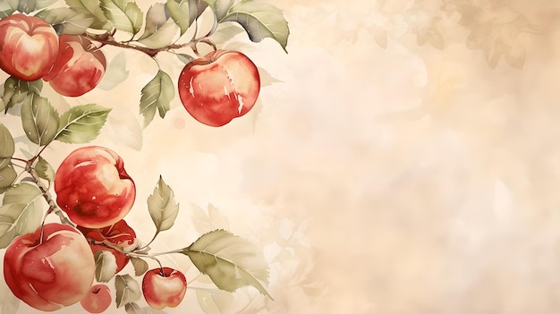 Pintura artística en acuarela de manzanas rojas en ramas con espacio para texto perfecta para fondos y papeles de pared AI