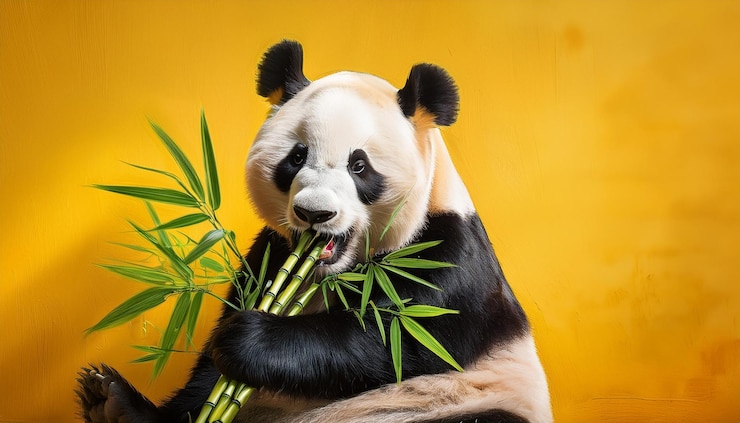 Foto pintura artística al óleo de un panda comiendo bambú con paredes amarillas y plantas verdes con