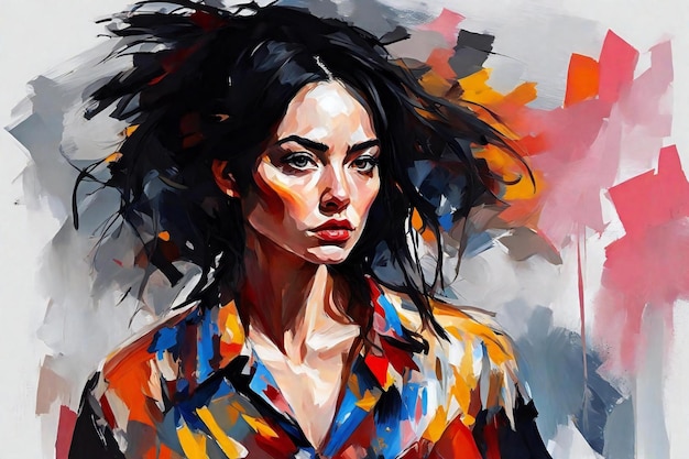 Pintura artística al óleo retrato de una hermosa mujer con cabello negro