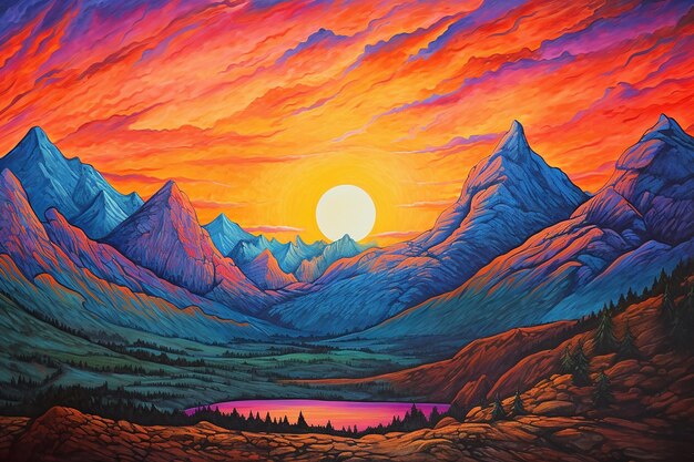 Pintura artística de un atardecer sobre una montaña