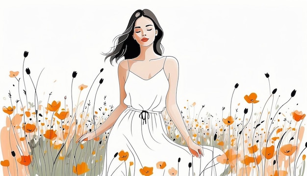 Pintura artística de uma jovem em um prado de verão em flor