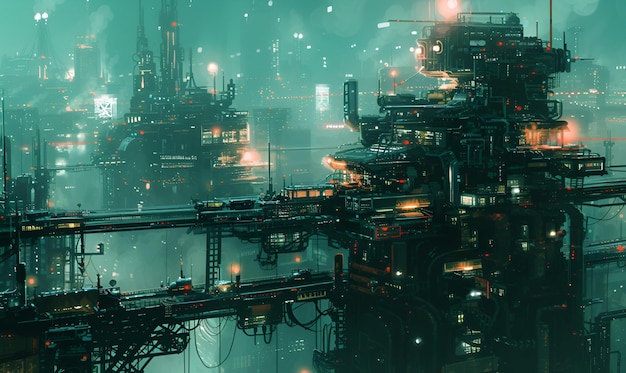 Foto pintura artística del horizonte de la ciudad cyberpunk