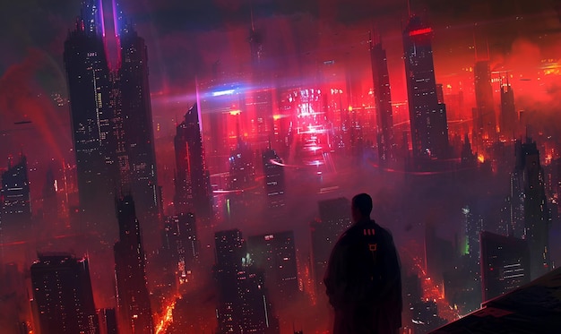 Pintura artística del horizonte de la ciudad cyberpunk