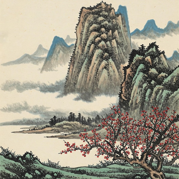 Pintura artística oriental de una vista natural