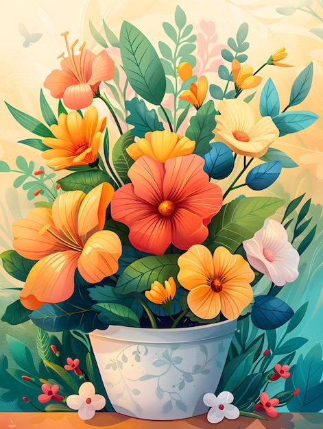 Pintura artística de una planta de interior en una olla de flores en la mesa