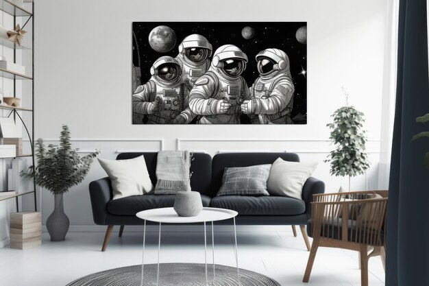 Una pintura de astronautas en el espacio con un árbol en la pared detrás de ellos.