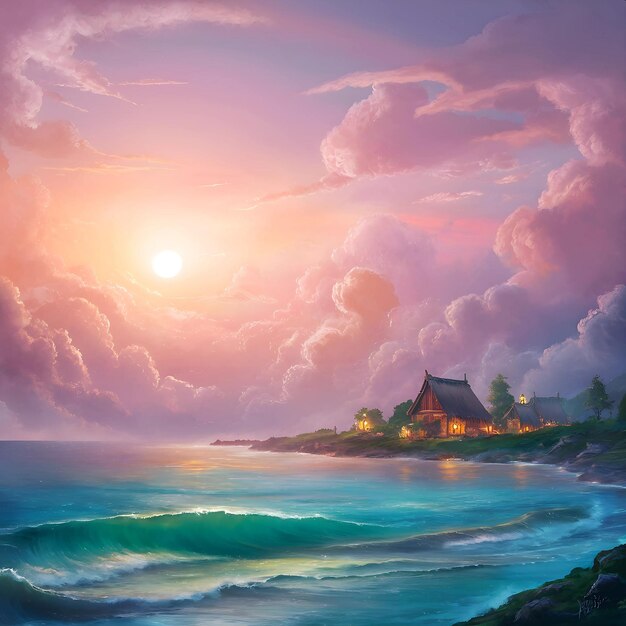 Foto una pintura de un atardecer con una casa en la playa