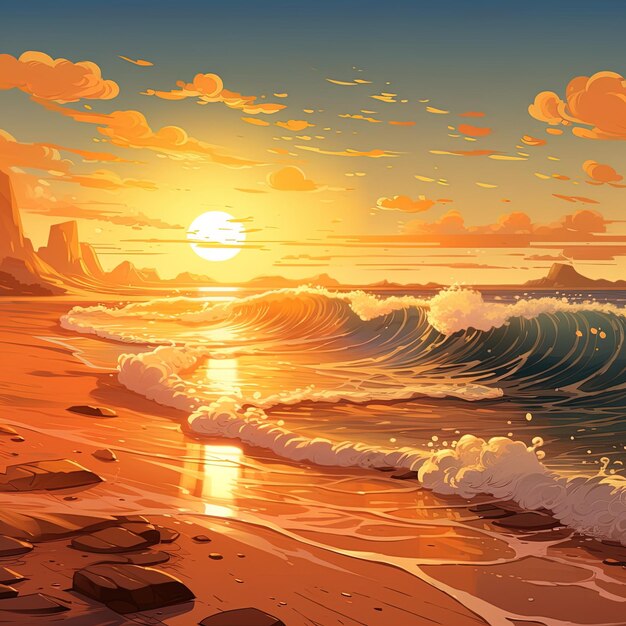 una pintura de un atardecer con una escena de playa y el océano en el fondo