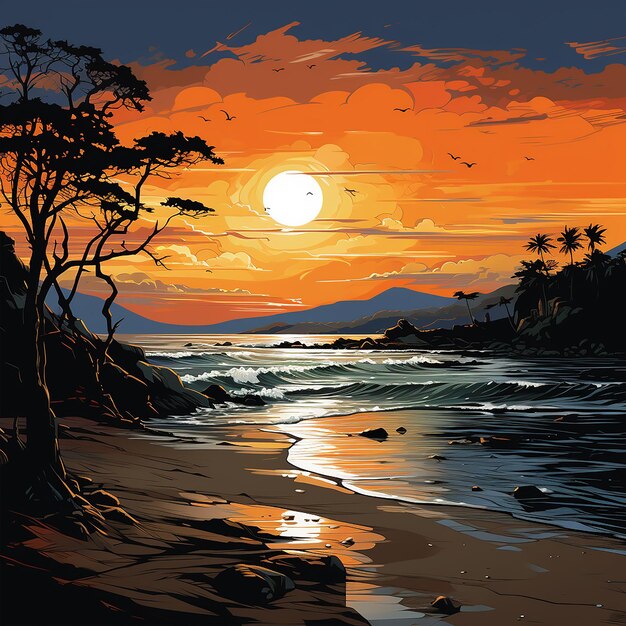 una pintura de un atardecer con una escena de la playa