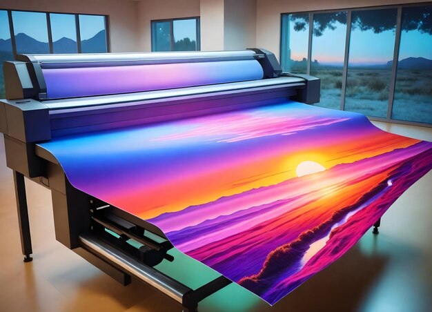 una pintura de un atardecer está en una mesa