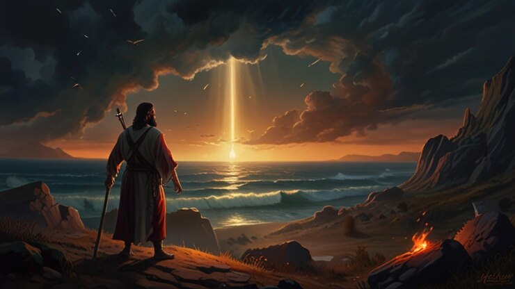 Foto una pintura de un atardecer con un hombre sosteniendo una estrella por encima de él