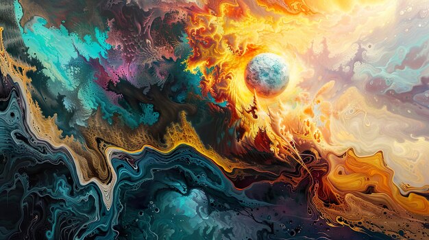 una pintura de un atardecer con la luna en el fondo