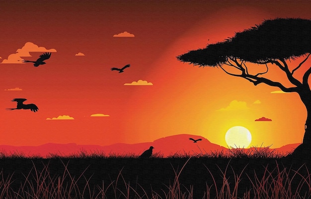 una pintura de un atardecer con pájaros volando en el cielo