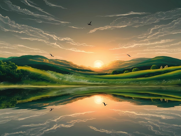 Foto una pintura de un atardecer con pájaros volando sobre un lago