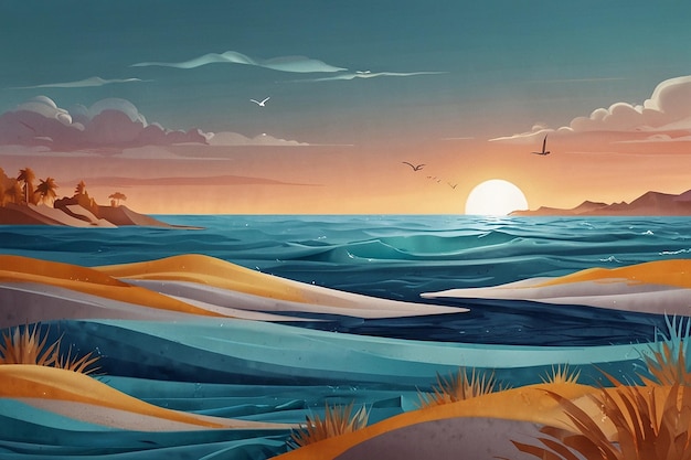 una pintura de un atardecer con pájaros volando sobre el océano