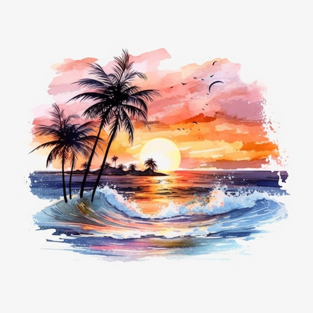 Una pintura de un atardecer con palmeras y olas generativas ai.