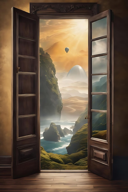 una pintura de un atardecer con una puerta abierta y un cielo con un sol en el fondo