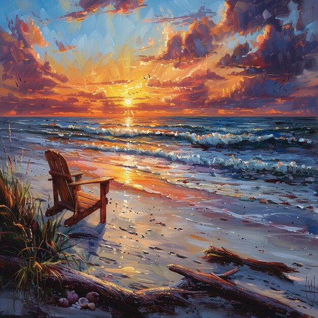 una pintura de un atardecer con una silla de playa en la playa