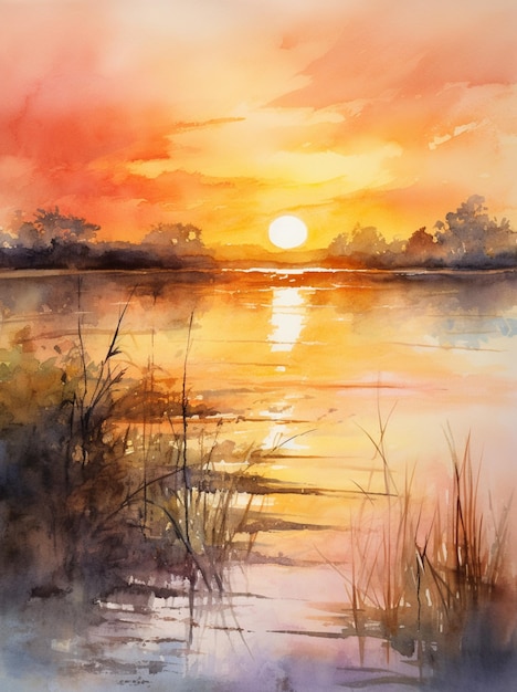 Pintura de un atardecer sobre un lago con juncos y agua generativa ai