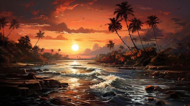 Pintura de un atardecer sobre una playa tropical con palmeras ai generativo