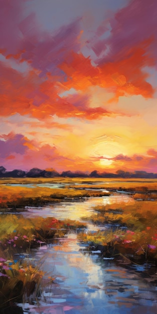 Pintura de un atardecer vibrante inspirada en el arte del paisaje holandés de Steve Henderson