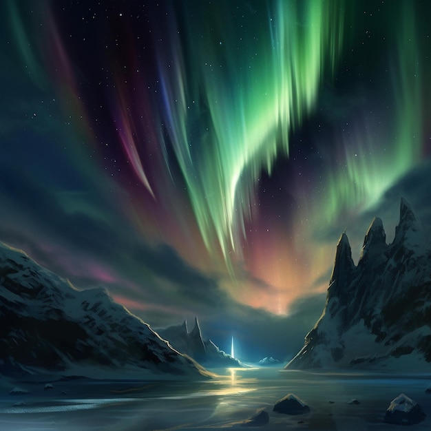 una pintura de una aurora boreal sobre un lago