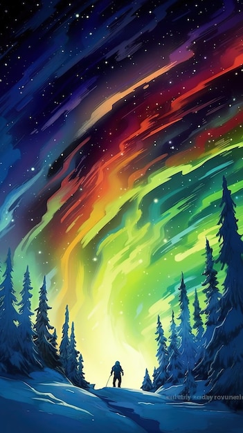 Una pintura de la aurora boreal.