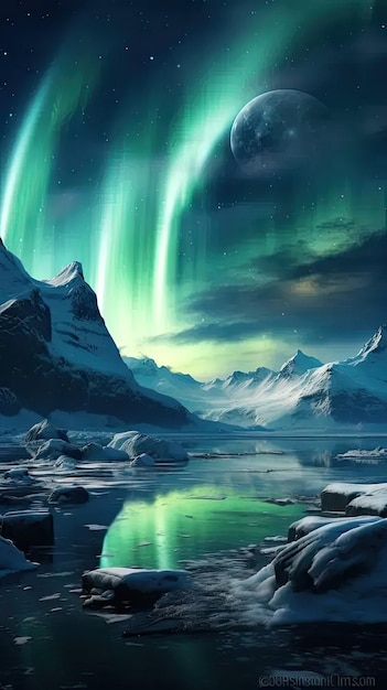 Una pintura de una aurora sobre una cordillera