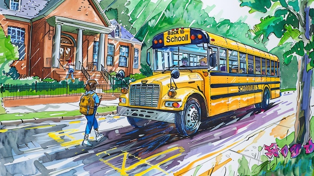 una pintura de un autobús escolar con una niña caminando