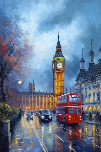Una pintura de un autobús rojo de dos pisos en Londres