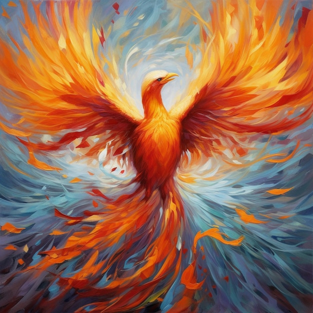 Una pintura de un ave fénix con la palabra fuego.