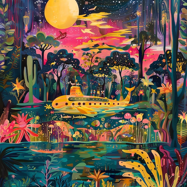 una pintura de un avión con un barco amarillo en el medio