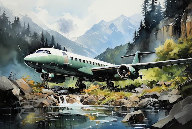 pintura de un avión volando sobre un río en una zona montañosa ai generativo