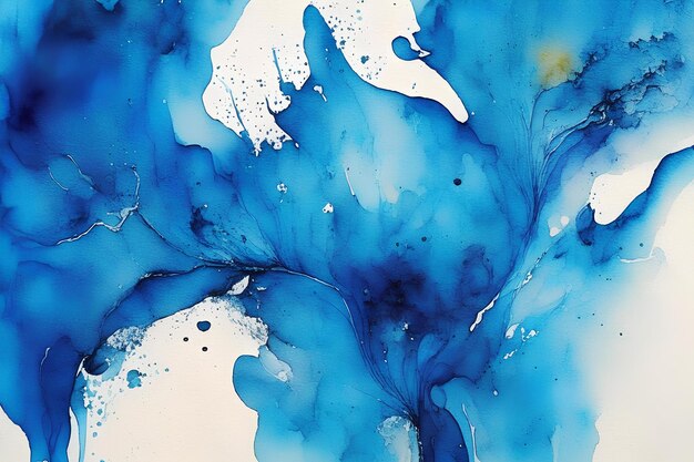 Pintura azul abstrata por aquarela e fundo de tinta de álcool