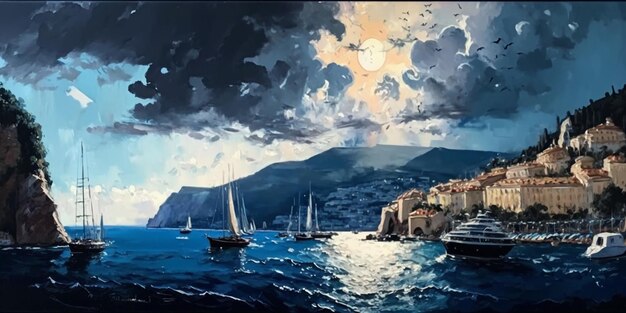 Una pintura de una bahía con barcos y un cielo nublado.