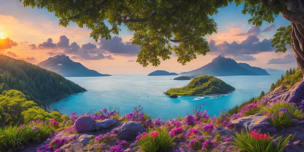 Una pintura de una bahía con flores y un cielo azul.
